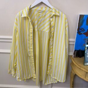 Aerie Yellow and White Striped Button-Up Shirt Swim Cover Oversized Size Medium